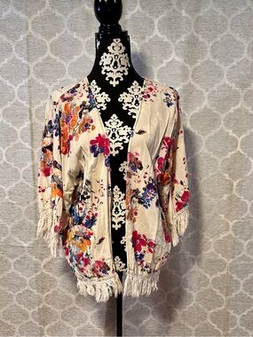 Maude Floral Fringe Open Kimono Jacket Cream with Multicolor Flowers size small